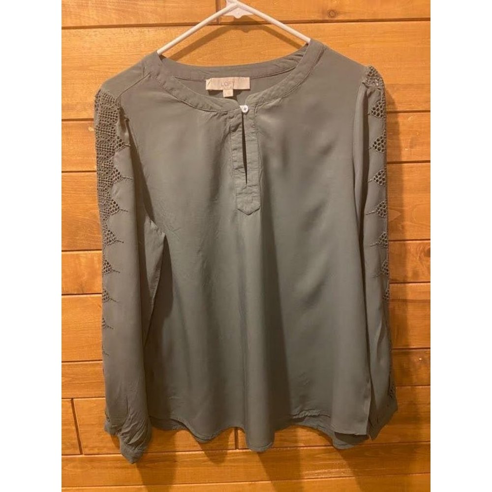 Loft Navy Green Women's Blouse With Lace Arms